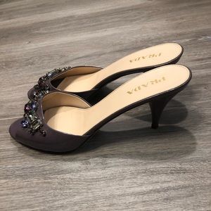 Prada jeweled open toe kitten heel mules